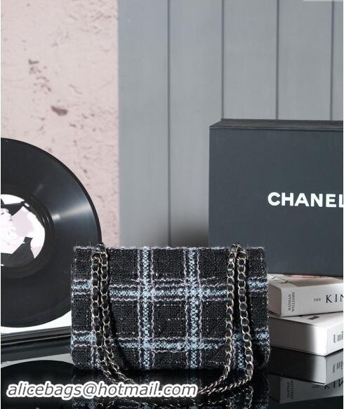 Best Price Chanel Wool Tweed Classic 11.12 Medium Flap Bag A01112 Black/Blue 2024