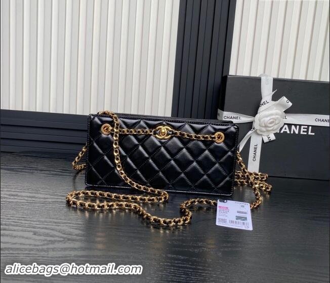 Promotional Chanel Shiny Lambskin Clutch with CC Stud Chain AS5203 Black 2024