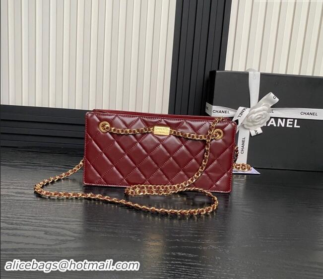 Luxury Cheap Chanel Shiny Lambskin Clutch with CC Stud Chain AS5203 Burgundy 2024