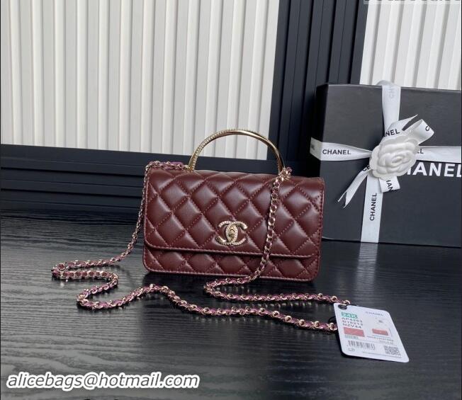 New Design Chanel Lambskin & Strass Clutch with Chain and Top Handle AP4293 Burgundy 2024