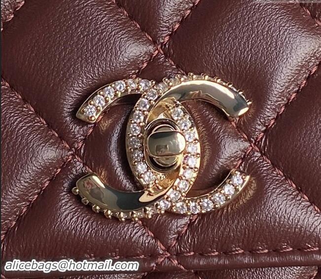 New Design Chanel Lambskin & Strass Clutch with Chain and Top Handle AP4293 Burgundy 2024