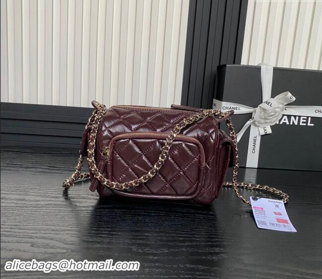 Top Grade Chanel Shiny Crumpled Lambskin Small Camera Case bag AS5220 Burgundy 2024