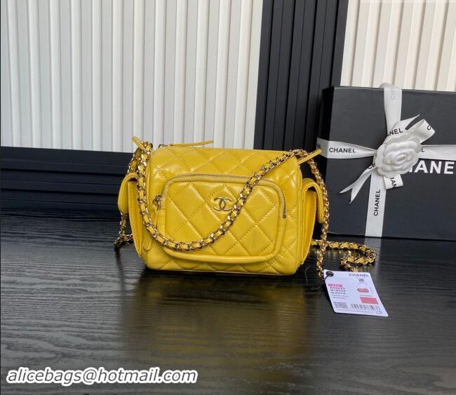 Luxurious Chanel Shiny Crumpled Lambskin Small Camera Case bag AS5220 Yellow 2024