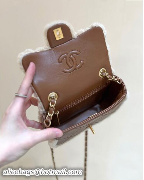 Buy Inexpensive Chanel Shearling Lambskin Mini Flap Bag AS5148 Brown/Beige 2024 Top Quality