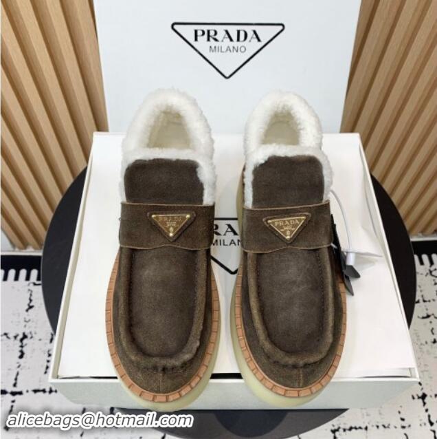 Best Grade Prada Suede Wool Platform Slip-on Ankle Boots Khaki Grey 115027