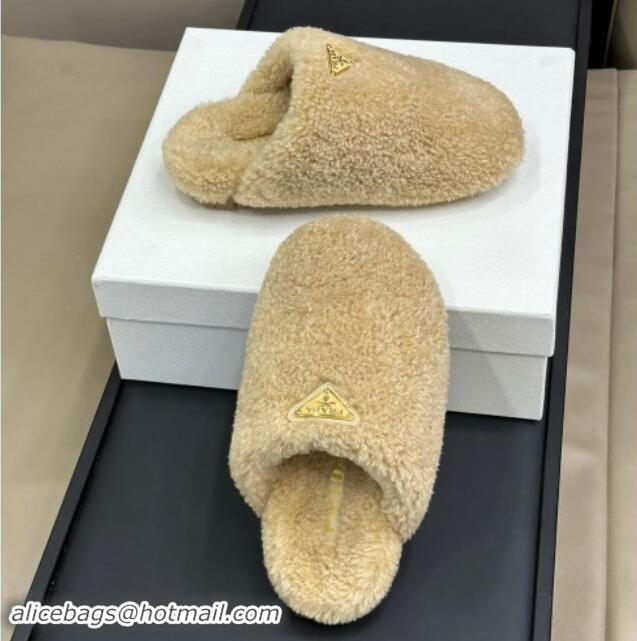 Perfect Prada Shearling Wool Flat Mules Beige 115029