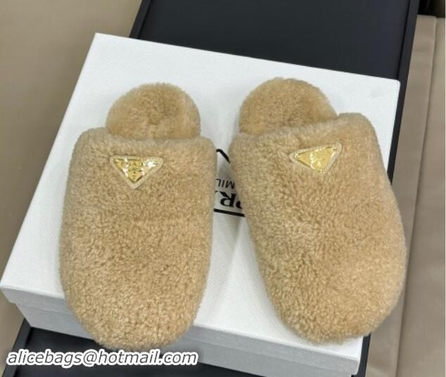 Perfect Prada Shearling Wool Flat Mules Beige 115029