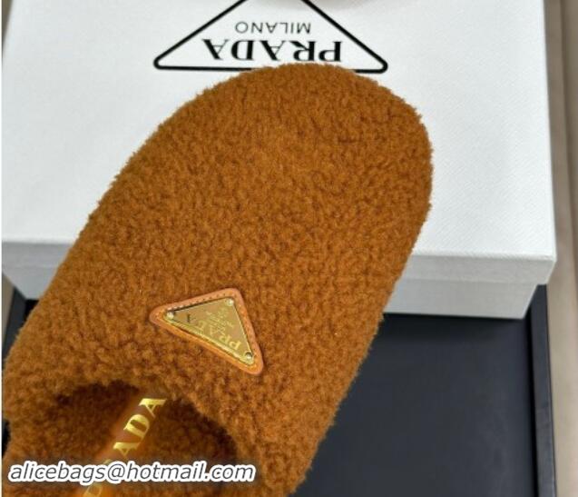 Shop Cheap Prada Shearling Wool Flat Mules Brown 115030