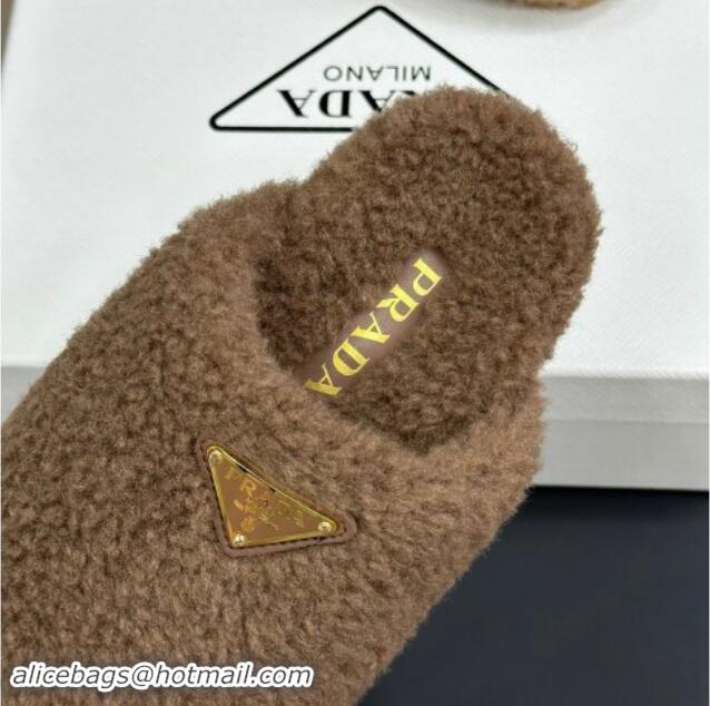 Pretty Style Prada Shearling Wool Flat Mules Khaki 115031