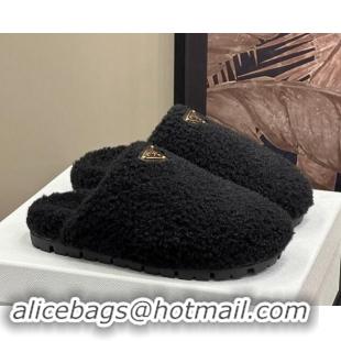 Grade Quality Prada Shearling Wool Flat Mules Black 115032