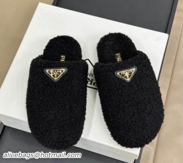 Grade Quality Prada Shearling Wool Flat Mules Black 115032