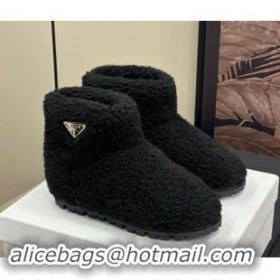 Cheap Price Prada Shearling Wool Flat Ankle Boots Black 115037