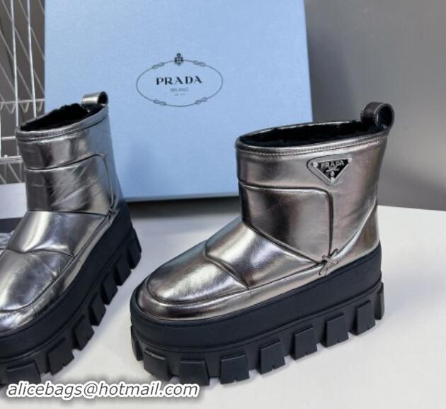 Grade Quality Prada Leather and Wool Platform Ankle Boots 4.5cm Silver 115040