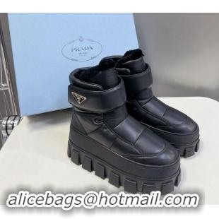 Best Grade Prada Puffer Leather and Wool Platform Ankle Boots with Strap 4.5cm Black 1115041