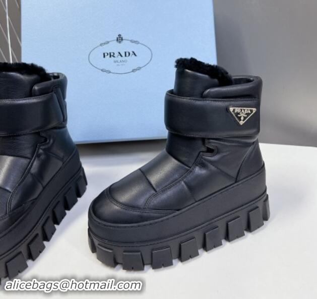 Best Grade Prada Puffer Leather and Wool Platform Ankle Boots with Strap 4.5cm Black 1115041