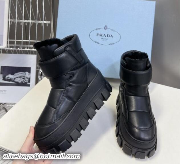 Best Grade Prada Puffer Leather and Wool Platform Ankle Boots with Strap 4.5cm Black 1115041