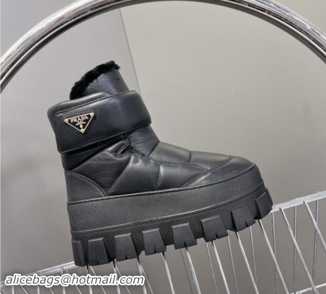 Best Grade Prada Puffer Leather and Wool Platform Ankle Boots with Strap 4.5cm Black 1115041