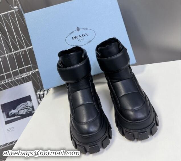 Best Grade Prada Puffer Leather and Wool Platform Ankle Boots with Strap 4.5cm Black 1115041