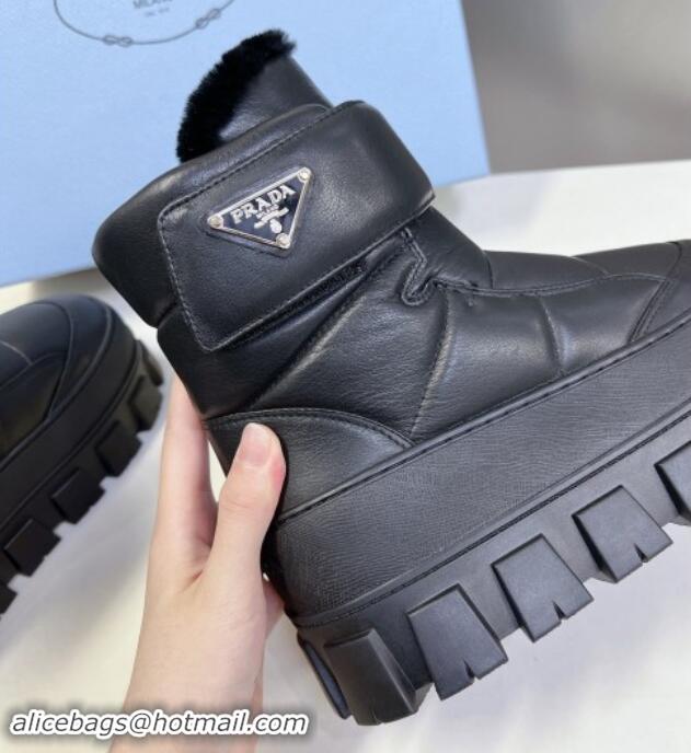 Best Grade Prada Puffer Leather and Wool Platform Ankle Boots with Strap 4.5cm Black 1115041