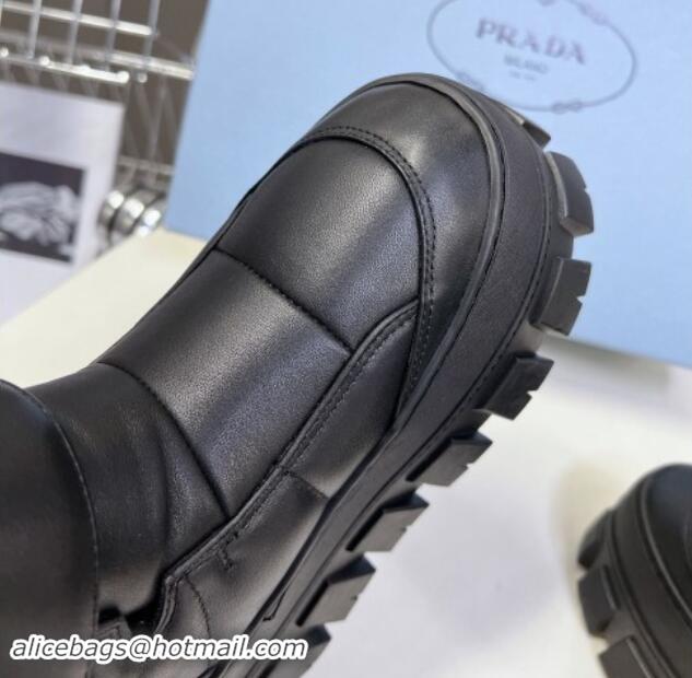 Best Grade Prada Puffer Leather and Wool Platform Ankle Boots with Strap 4.5cm Black 1115041