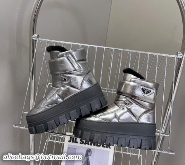 Low Price Prada Puffer Leather and Wool Platform Ankle Boots with Strap 4.5cm Silver 115042