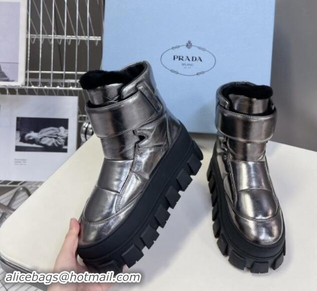 Low Price Prada Puffer Leather and Wool Platform Ankle Boots with Strap 4.5cm Silver 115042