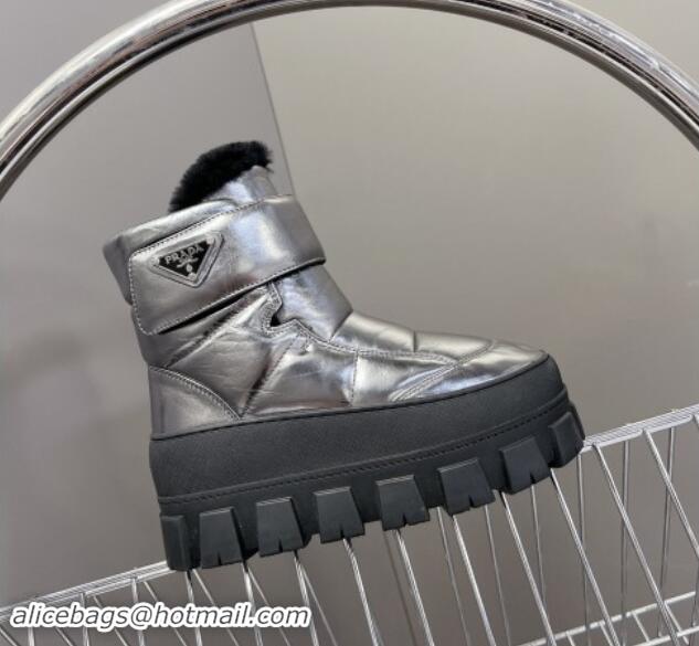 Low Price Prada Puffer Leather and Wool Platform Ankle Boots with Strap 4.5cm Silver 115042