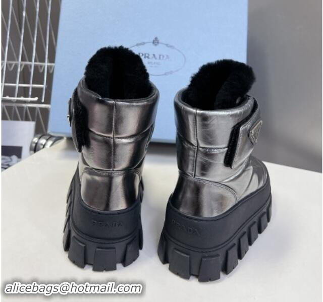 Low Price Prada Puffer Leather and Wool Platform Ankle Boots with Strap 4.5cm Silver 115042