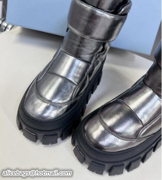 Low Price Prada Puffer Leather and Wool Platform Ankle Boots with Strap 4.5cm Silver 115042