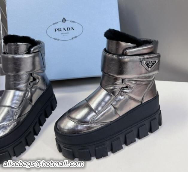 Low Price Prada Puffer Leather and Wool Platform Ankle Boots with Strap 4.5cm Silver 115042