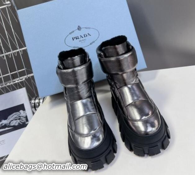 Low Price Prada Puffer Leather and Wool Platform Ankle Boots with Strap 4.5cm Silver 115042