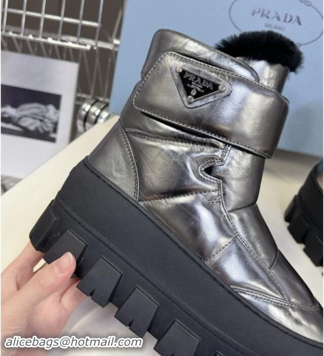 Low Price Prada Puffer Leather and Wool Platform Ankle Boots with Strap 4.5cm Silver 115042