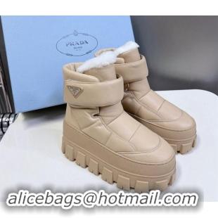 Good Quality Prada Puffer Leather and Wool Platform Ankle Boots with Strap 4.5cm Beige 1115043