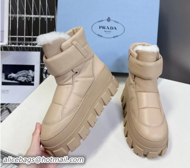 Good Quality Prada Puffer Leather and Wool Platform Ankle Boots with Strap 4.5cm Beige 1115043