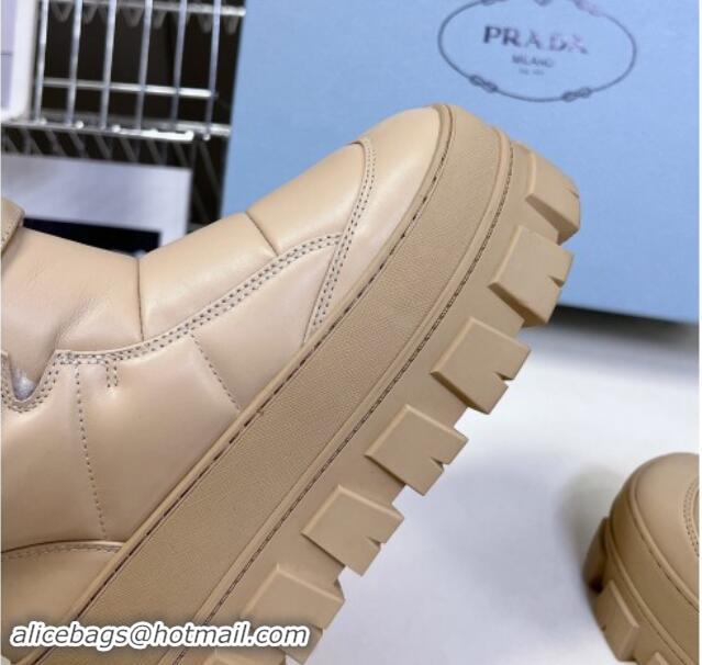 Good Quality Prada Puffer Leather and Wool Platform Ankle Boots with Strap 4.5cm Beige 1115043