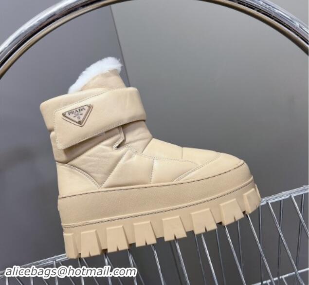 Good Quality Prada Puffer Leather and Wool Platform Ankle Boots with Strap 4.5cm Beige 1115043