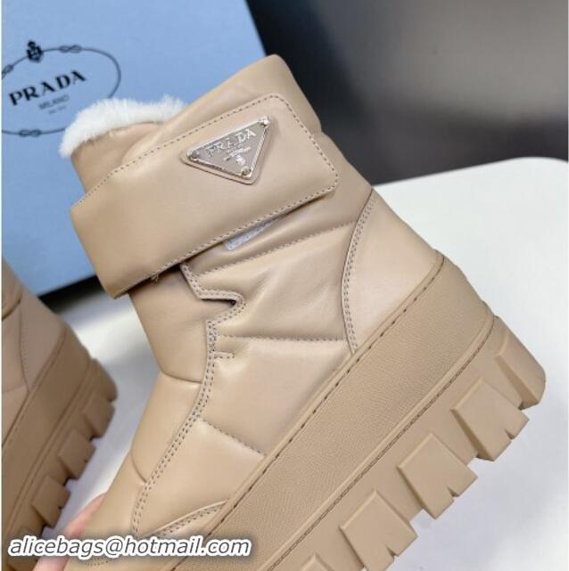 Good Quality Prada Puffer Leather and Wool Platform Ankle Boots with Strap 4.5cm Beige 1115043