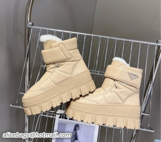 Good Quality Prada Puffer Leather and Wool Platform Ankle Boots with Strap 4.5cm Beige 1115043