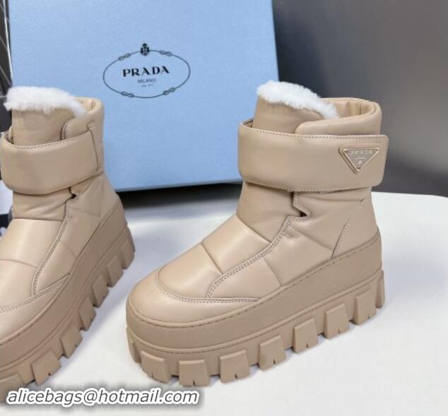 Good Quality Prada Puffer Leather and Wool Platform Ankle Boots with Strap 4.5cm Beige 1115043