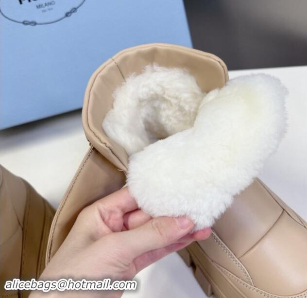 Good Quality Prada Puffer Leather and Wool Platform Ankle Boots with Strap 4.5cm Beige 1115043