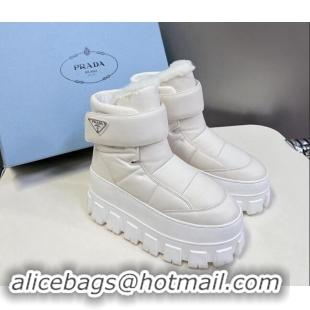 Top Grade Prada Puffer Leather and Wool Platform Ankle Boots with Strap 4.5cm White 115044