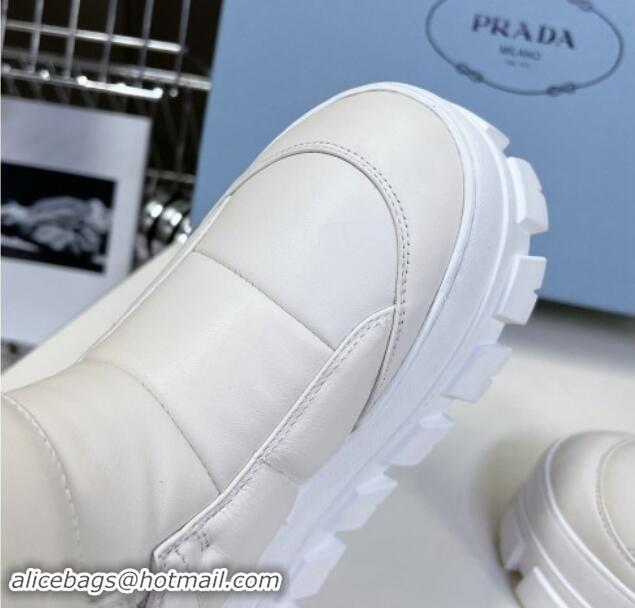 Top Grade Prada Puffer Leather and Wool Platform Ankle Boots with Strap 4.5cm White 115044