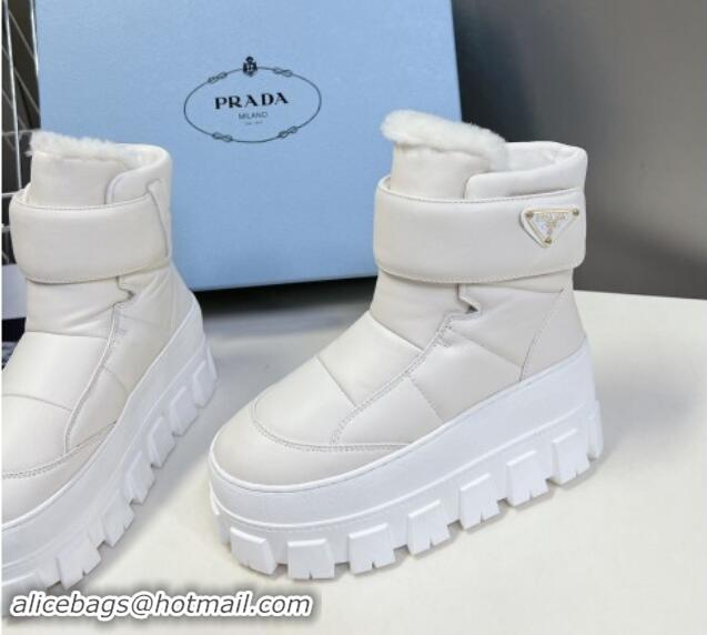 Top Grade Prada Puffer Leather and Wool Platform Ankle Boots with Strap 4.5cm White 115044