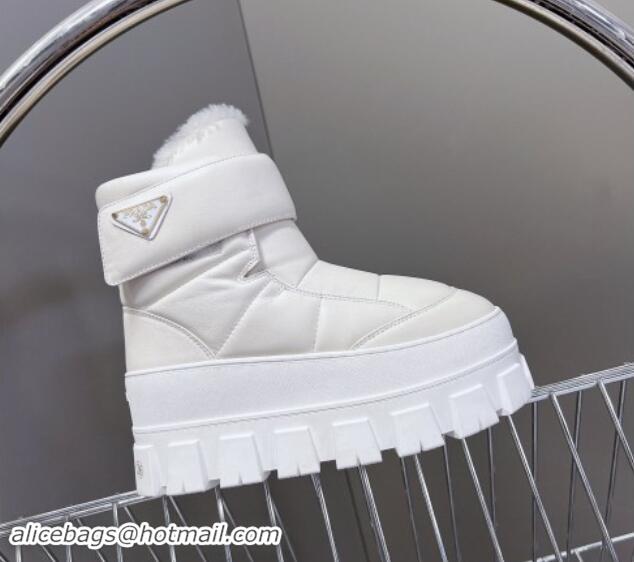 Top Grade Prada Puffer Leather and Wool Platform Ankle Boots with Strap 4.5cm White 115044