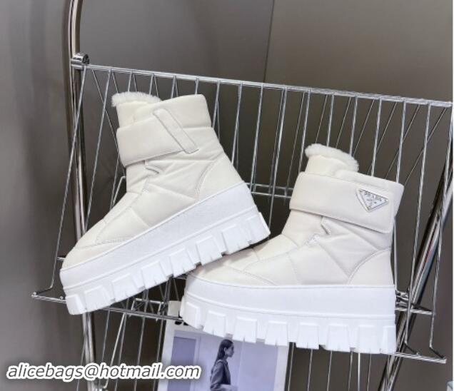 Top Grade Prada Puffer Leather and Wool Platform Ankle Boots with Strap 4.5cm White 115044