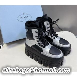 Purchase Prada Puffer Leather and Wool Platform Laced up Ankle Boots 4.5cm Black/Silver 115045