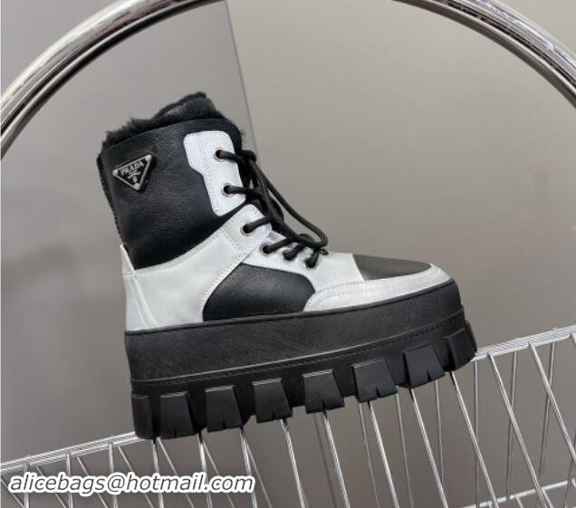 Purchase Prada Puffer Leather and Wool Platform Laced up Ankle Boots 4.5cm Black/Silver 115045