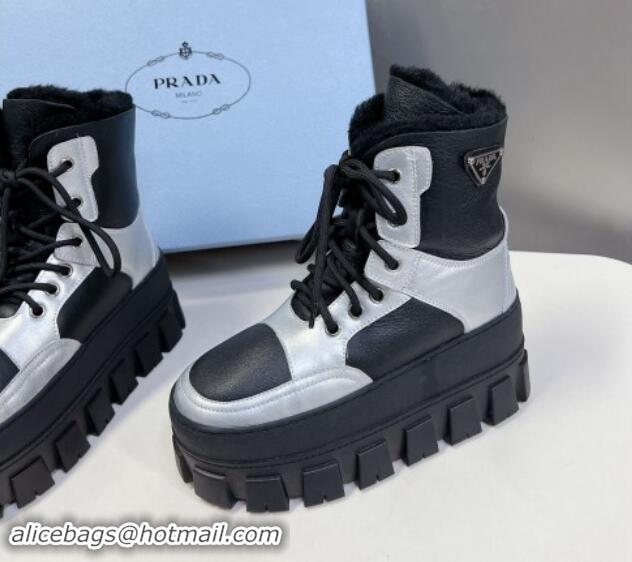 Purchase Prada Puffer Leather and Wool Platform Laced up Ankle Boots 4.5cm Black/Silver 115045