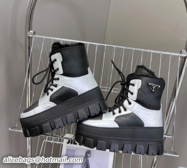 Purchase Prada Puffer Leather and Wool Platform Laced up Ankle Boots 4.5cm Black/Silver 115045