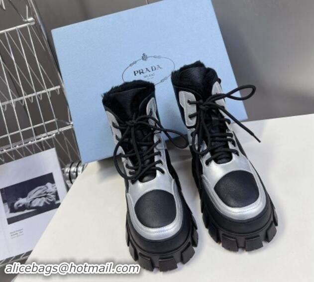 Purchase Prada Puffer Leather and Wool Platform Laced up Ankle Boots 4.5cm Black/Silver 115045